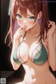 Anime girl with long brown hair wearing a green bra.